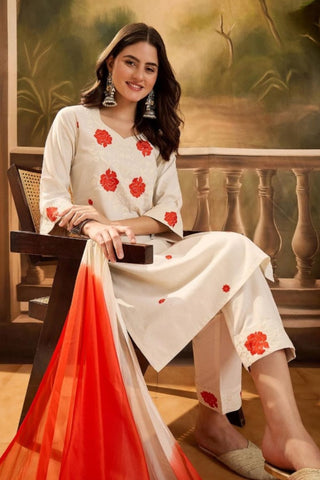 White & Red  Viscose With Embroidery Kurta Set_Kumari Sarees