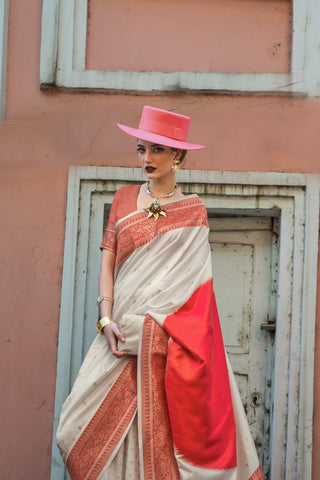 White & Red Soft Silk Handloom Weaving Saree