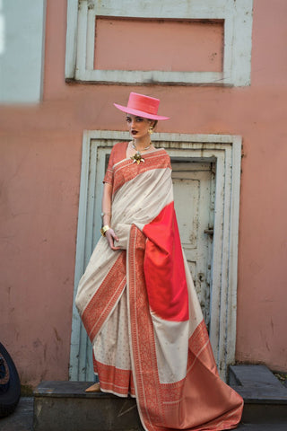 White & Red Soft Silk Handloom Weaving Saree