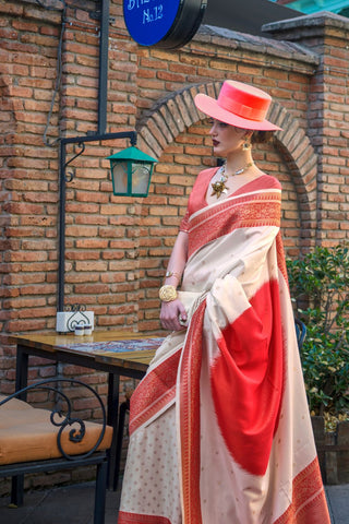 White & Red Soft Silk Handloom Weaving Saree