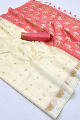 White Tussar Handloom Weaving Silk Saree