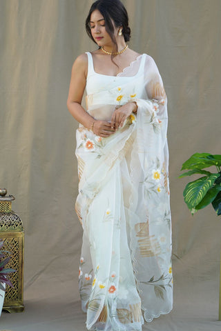 White & Yellow Organza Silk Saree