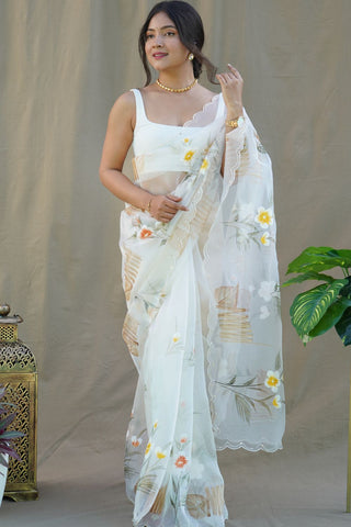 White & Yellow Organza Silk Saree