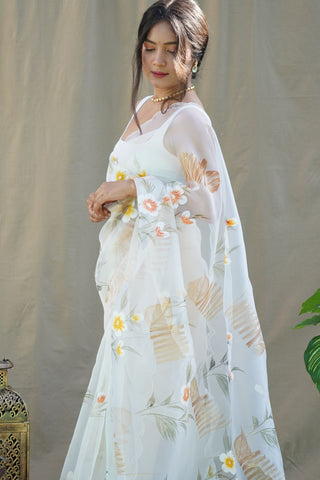 White & Yellow Organza Silk Saree