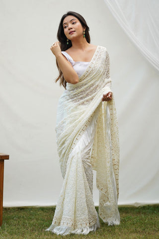 WHITE GEORGETTE SILK SAREE