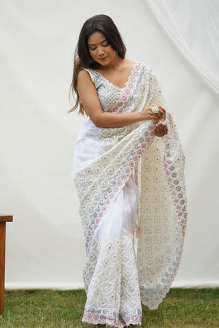 WHITE ORGANZA SILK SAREE