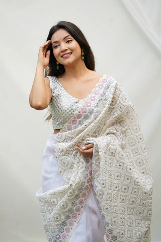 WHITE ORGANZA SILK SAREE