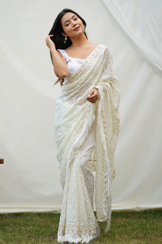 WHITE GEORGETTE SILK SAREE