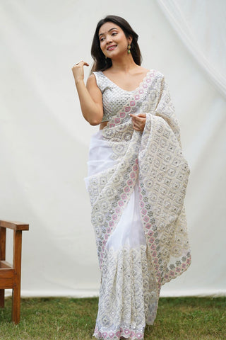 WHITE ORGANZA SILK SAREE