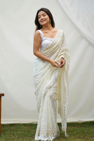 WHITE GEORGETTE SILK SAREE