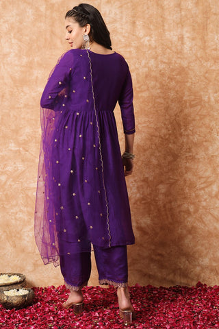 Wine Organza Vichitra Silk Kurta Set_Kumari Sarees