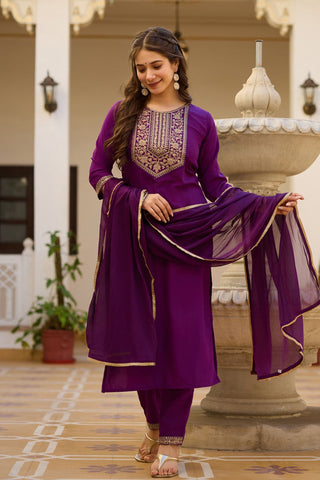 Wine Reyon Chinon With Embroidery Kurta Set_Kumari Sarees