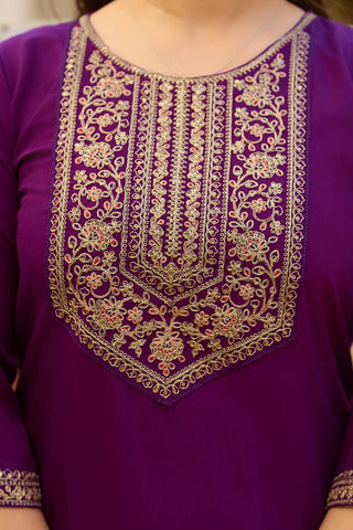 Wine Reyon Chinon With Embroidery Kurta Set_Kumari Sarees