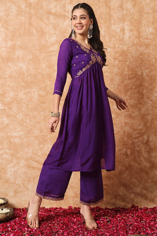 Wine Organza Vichitra Silk Kurta Set_Kumari Sarees