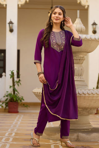 Wine Reyon Chinon With Embroidery Kurta Set_Kumari Sarees