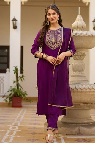 Wine Reyon Chinon With Embroidery Kurta Set_Kumari Sarees