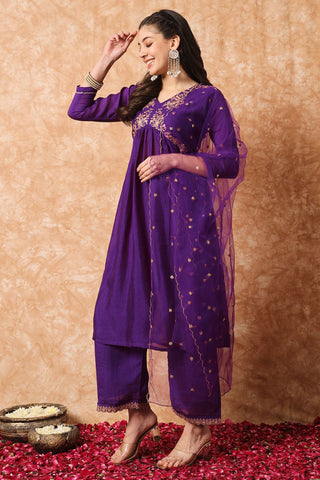 Wine Organza Vichitra Silk Kurta Set_Kumari Sarees