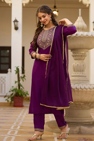 Wine Reyon Chinon With Embroidery Kurta Set_Kumari Sarees