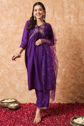 Wine Organza Vichitra Silk Kurta Set_Kumari Sarees