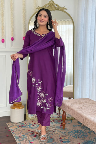 Wine Viscose Reyon Chinon Embroidery Kurta Set_Kumari Sarees