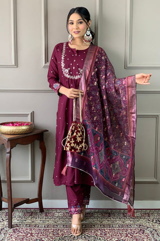 Wine Viscose Chanderi Jecquard Embroidery Kurta Set_Kumari Sarees
