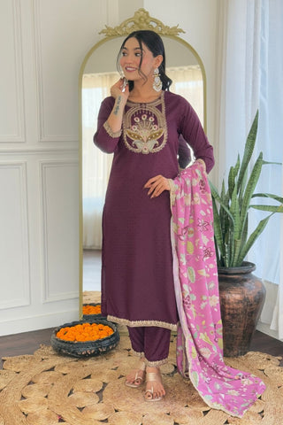 Wine Viscose Reyon Chinon Embroidery Kurta Set_Kumari Sarees