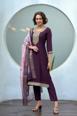 Dark Purple Chanderi Butti With Embroidery Kurta Set_Kumari Sarees