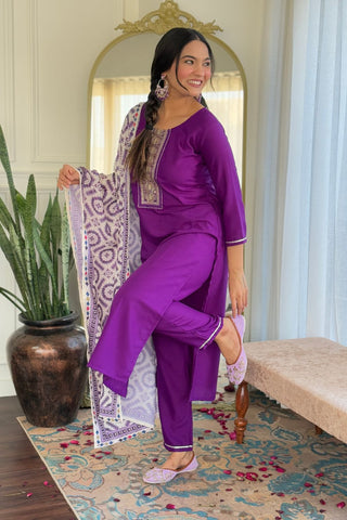 Wine Reyon Muslin With Embroidery Kurta Set_Kumari Sarees