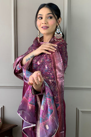 Wine Viscose Chanderi Jecquard Embroidery Kurta Set_Kumari Sarees