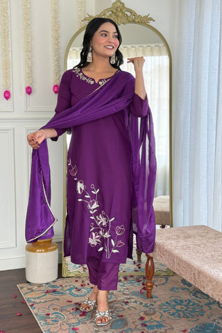 Wine Viscose Reyon Chinon Embroidery Kurta Set_Kumari Sarees