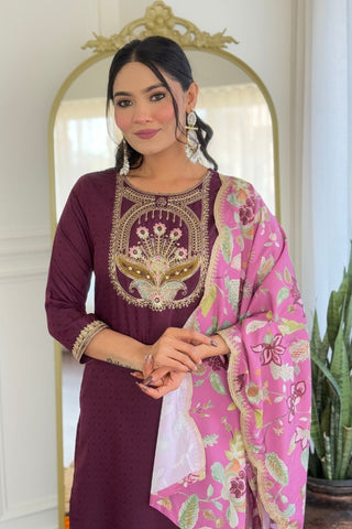 Wine Viscose Reyon Chinon Embroidery Kurta Set_Kumari Sarees