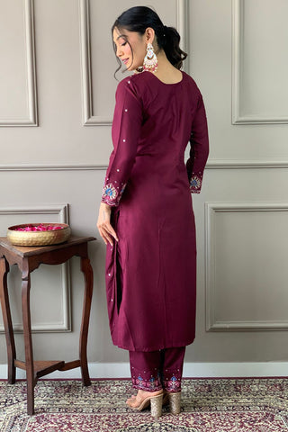 Wine Viscose Chanderi Jecquard Embroidery Kurta Set_Kumari Sarees