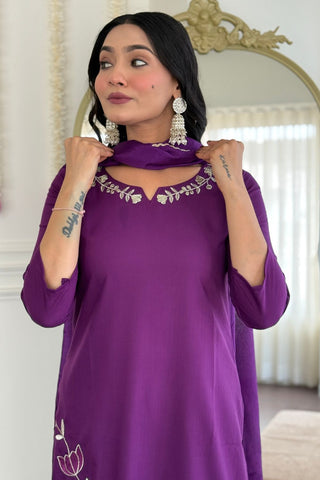 Wine Viscose Reyon Chinon Embroidery Kurta Set_Kumari Sarees