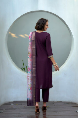 Dark Purple Chanderi Butti With Embroidery Kurta Set_Kumari Sarees