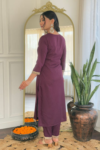 Wine Viscose Reyon Chinon Embroidery Kurta Set_Kumari Sarees