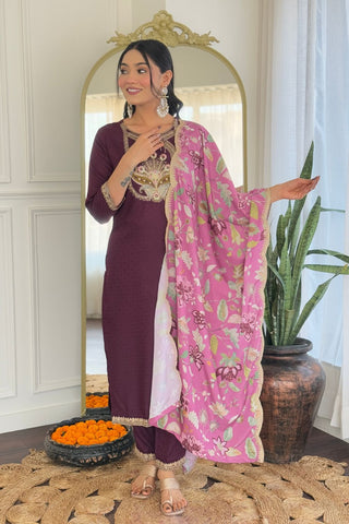 Wine Viscose Reyon Chinon Embroidery Kurta Set_Kumari Sarees
