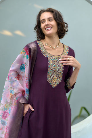 Dark Purple Chanderi Butti With Embroidery Kurta Set_Kumari Sarees