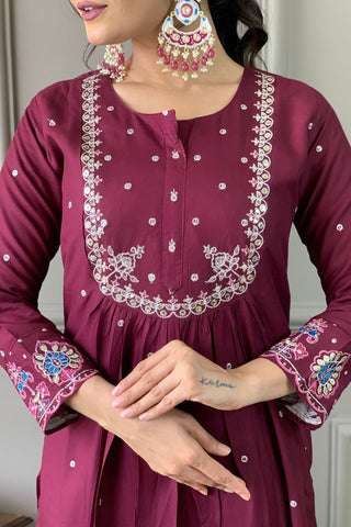 Wine Viscose Chanderi Jecquard Embroidery Kurta Set_Kumari Sarees