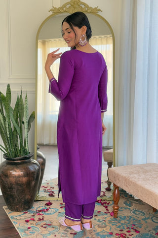 Wine Reyon Muslin With Embroidery Kurta Set_Kumari Sarees