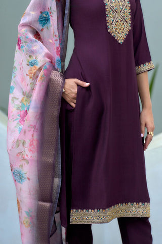 Dark Purple Chanderi Butti With Embroidery Kurta Set_Kumari Sarees