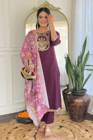 Wine Viscose Reyon Chinon Embroidery Kurta Set_Kumari Sarees