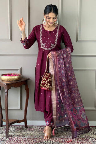 Wine Viscose Chanderi Jecquard Embroidery Kurta Set_Kumari Sarees