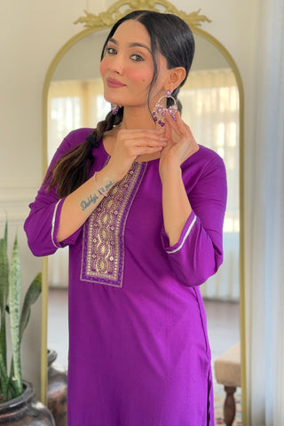 Wine Reyon Muslin With Embroidery Kurta Set_Kumari Sarees