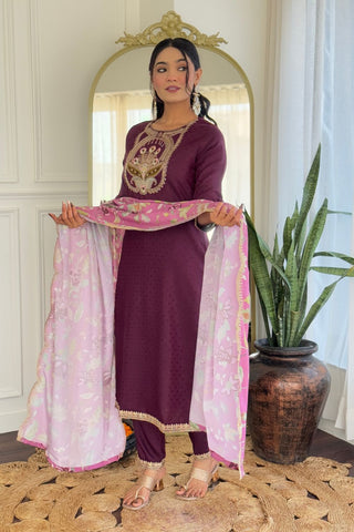 Wine Viscose Reyon Chinon Embroidery Kurta Set_Kumari Sarees