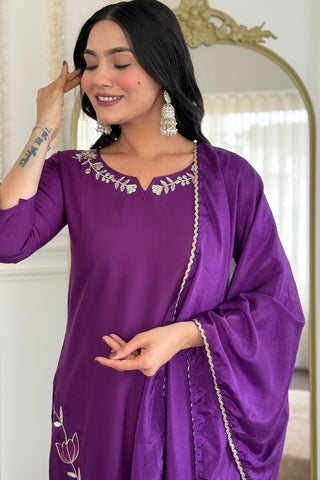 Wine Viscose Reyon Chinon Embroidery Kurta Set_Kumari Sarees