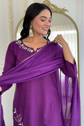 Wine Viscose Reyon Chinon Embroidery Kurta Set_Kumari Sarees