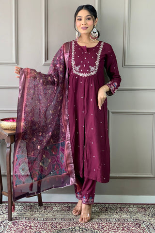 Wine Viscose Chanderi Jecquard Embroidery Kurta Set_Kumari Sarees