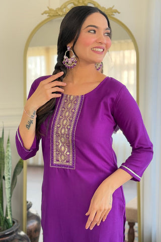 Wine Reyon Muslin With Embroidery Kurta Set_Kumari Sarees