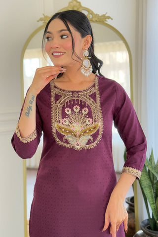 Wine Viscose Reyon Chinon Embroidery Kurta Set_Kumari Sarees