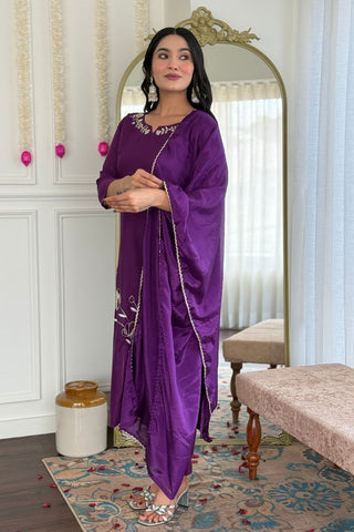 Wine Viscose Reyon Chinon Embroidery Kurta Set_Kumari Sarees